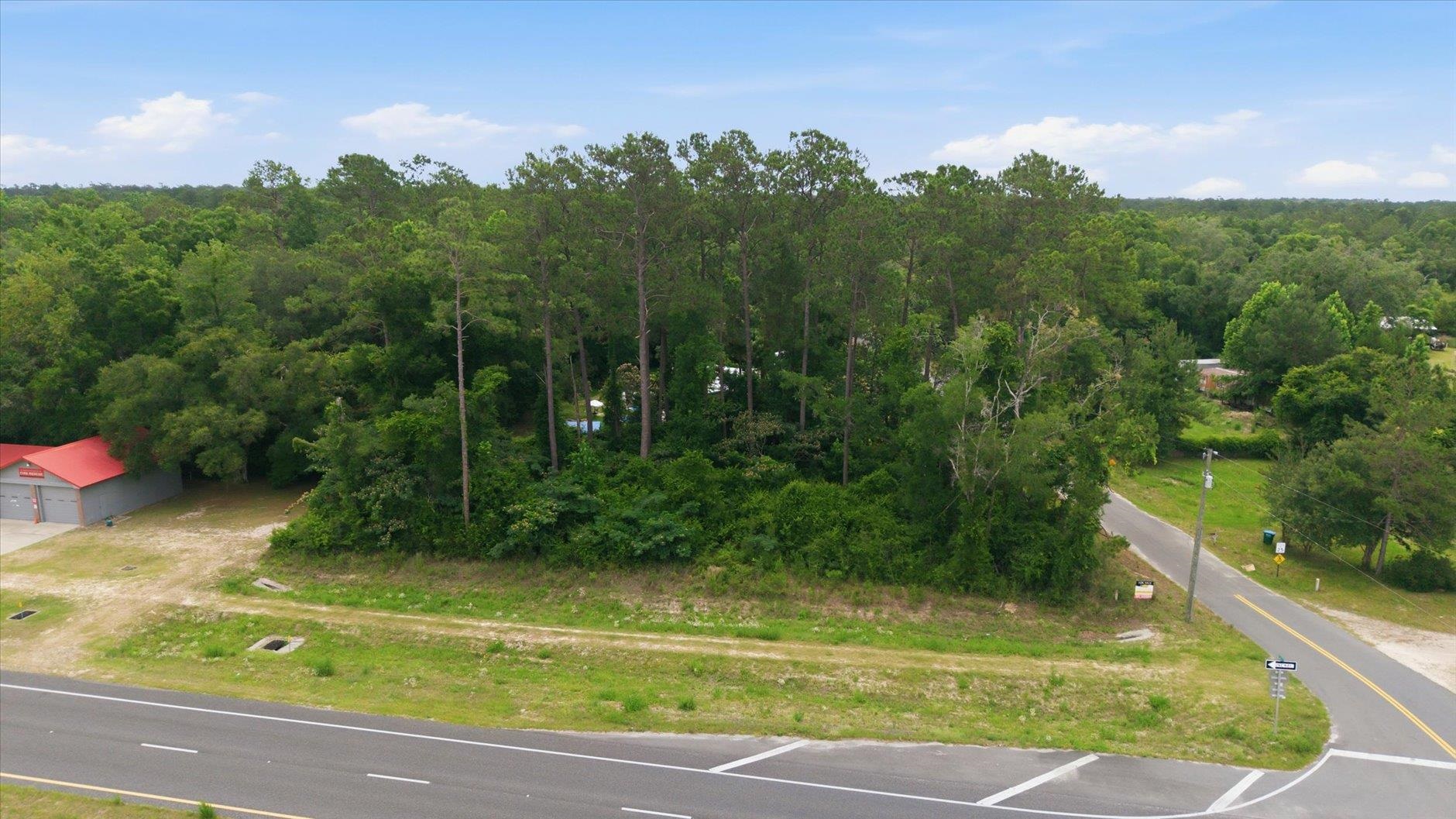 Aerial view of a wooded vacant parcel with grassy roadside frontage at an intersection.