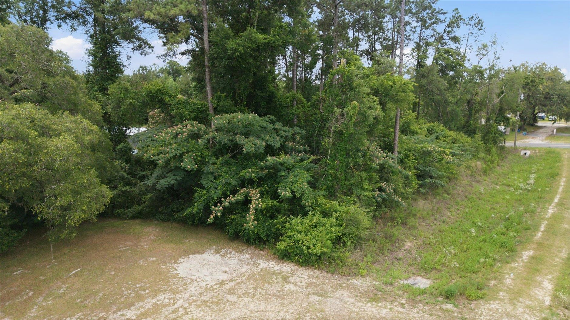 Wooded vacant lot with a sandy clearing and road frontage.