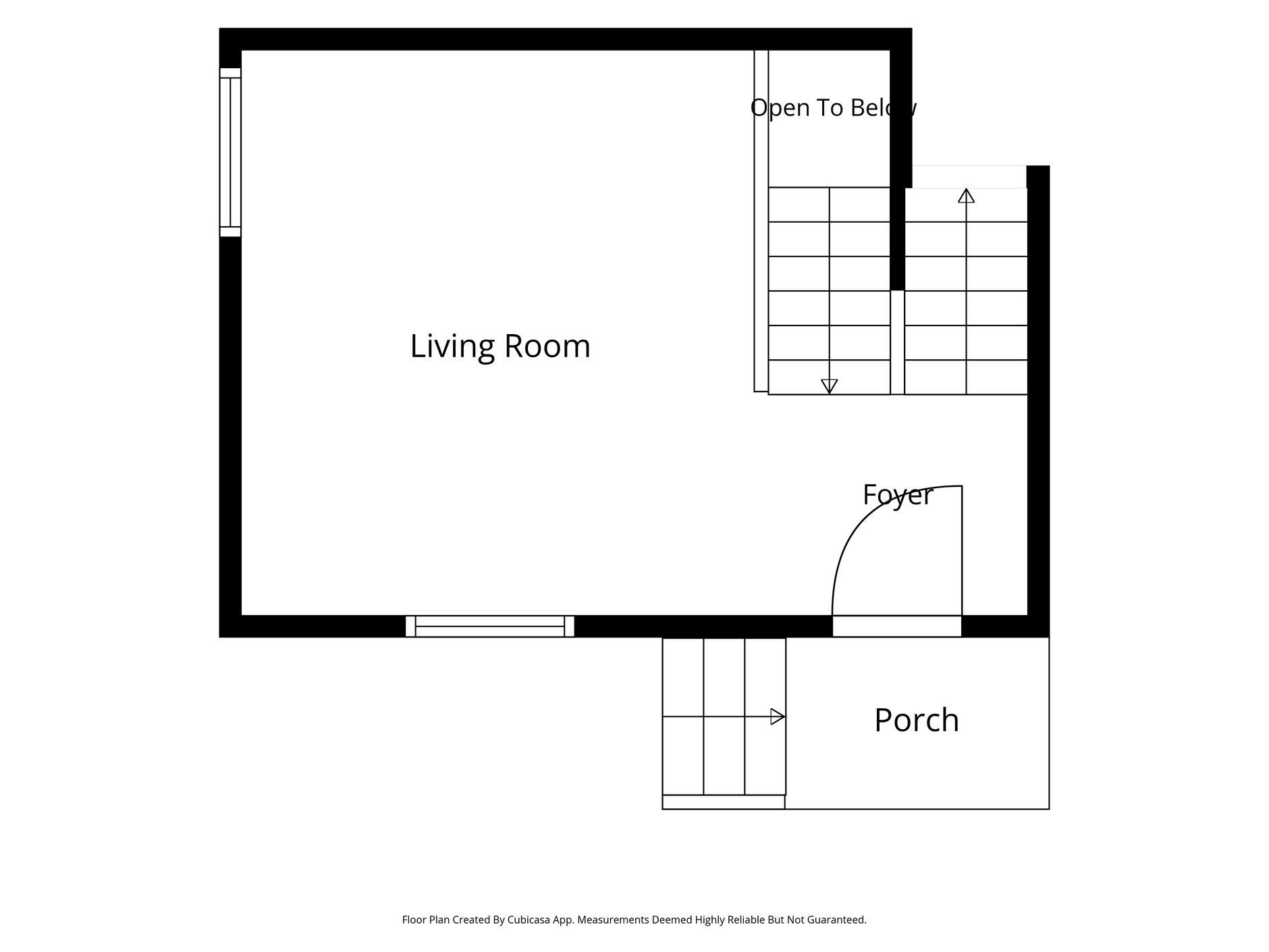 Floor plan showing a living room, foyer, porch, and stairs beside an area open to below.