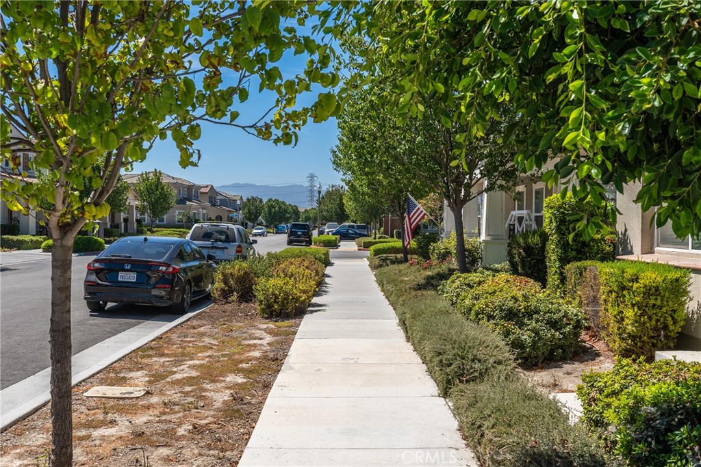 Tree-lined residential street with a broad sidewalk, parked cars, an American flag, and distant mountains.
