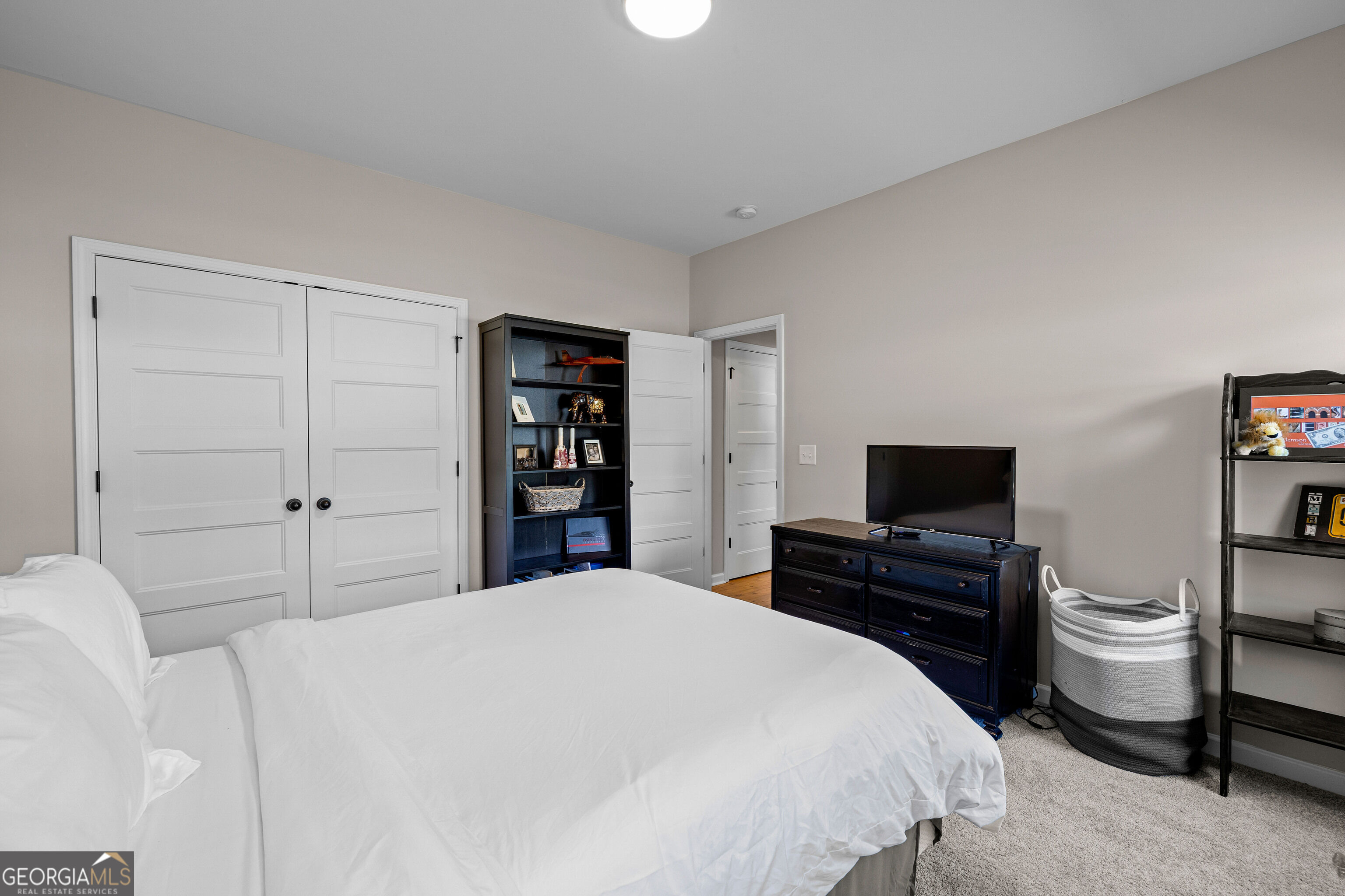 Bedroom with a large white bed, paneled closet doors, dark bookcase, and television on a dresser.
