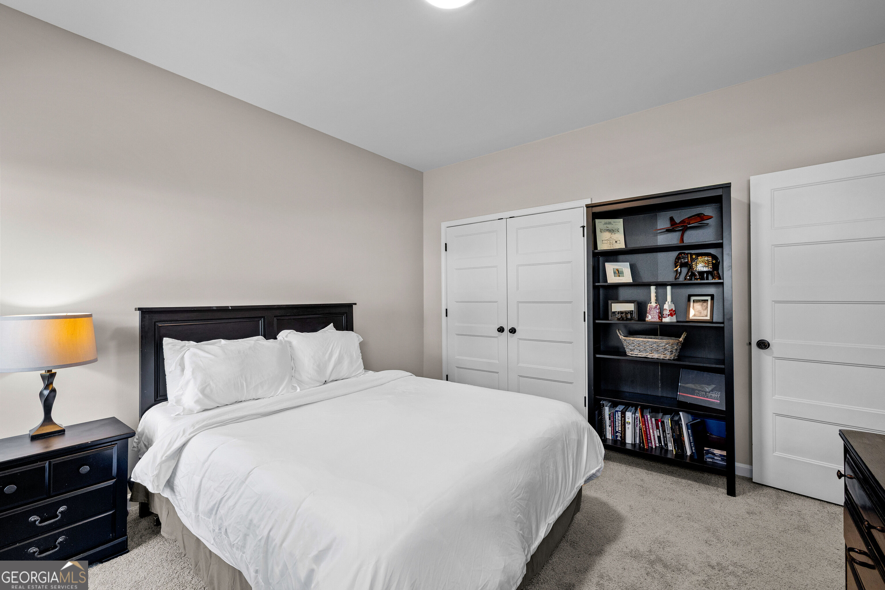 Bedroom with a white bed, dark wood headboard, and tall bookshelf beside double closet doors.