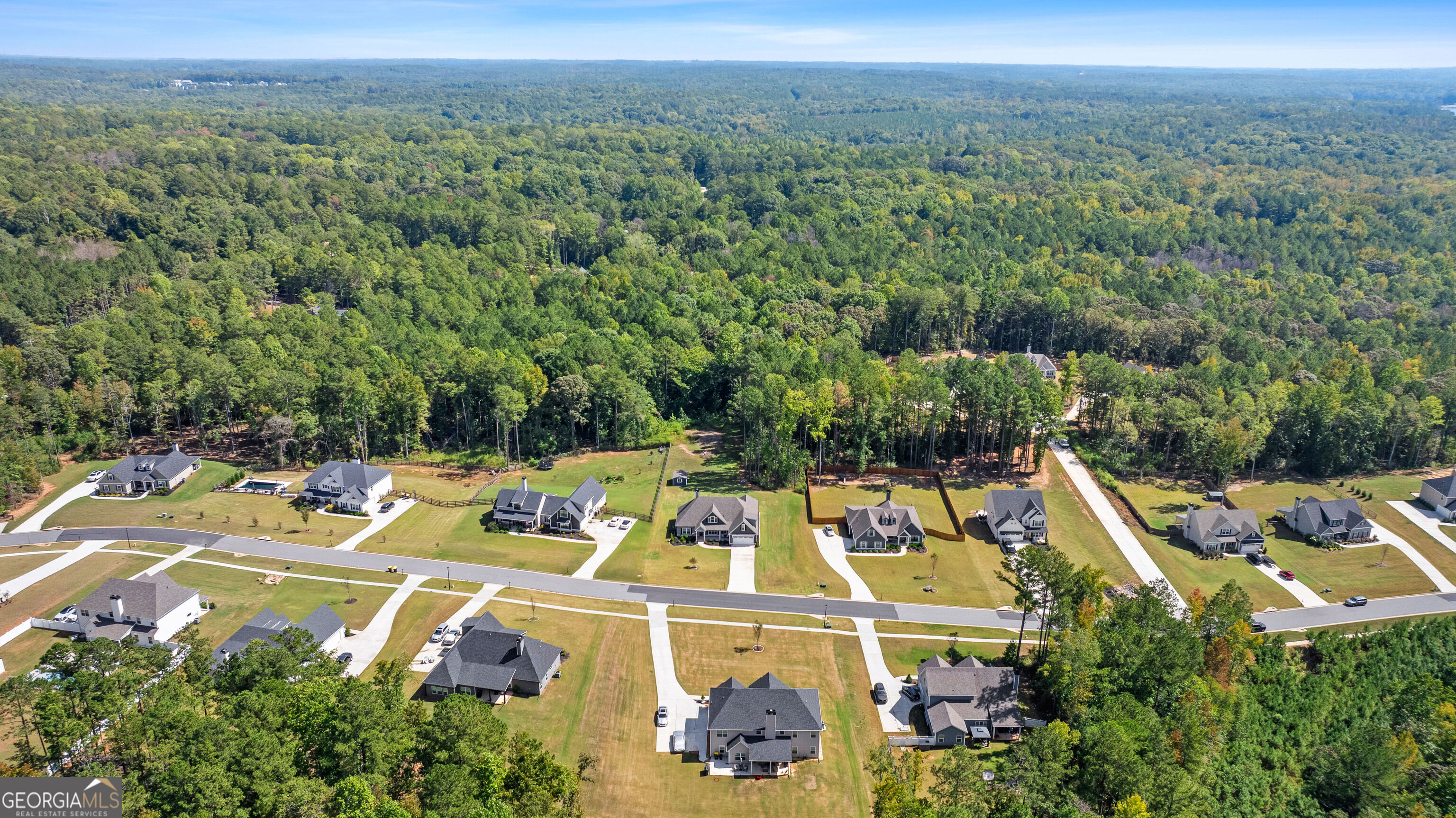 Aerial view of a neighborhood beside dense forest, with detached homes and curving streets.