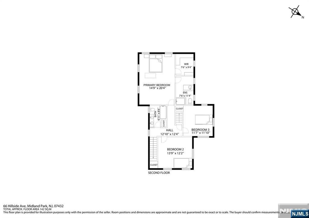 Second-floor plan for 66 Hillside Avenue, showing a primary bedroom, two bedrooms, bathrooms, and hall.