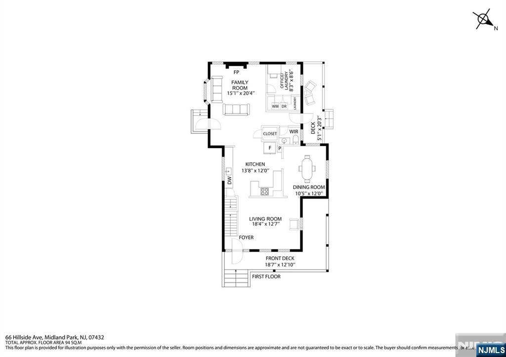 First-floor plan with living and dining rooms, kitchen, family room, office, laundry, and front deck.
