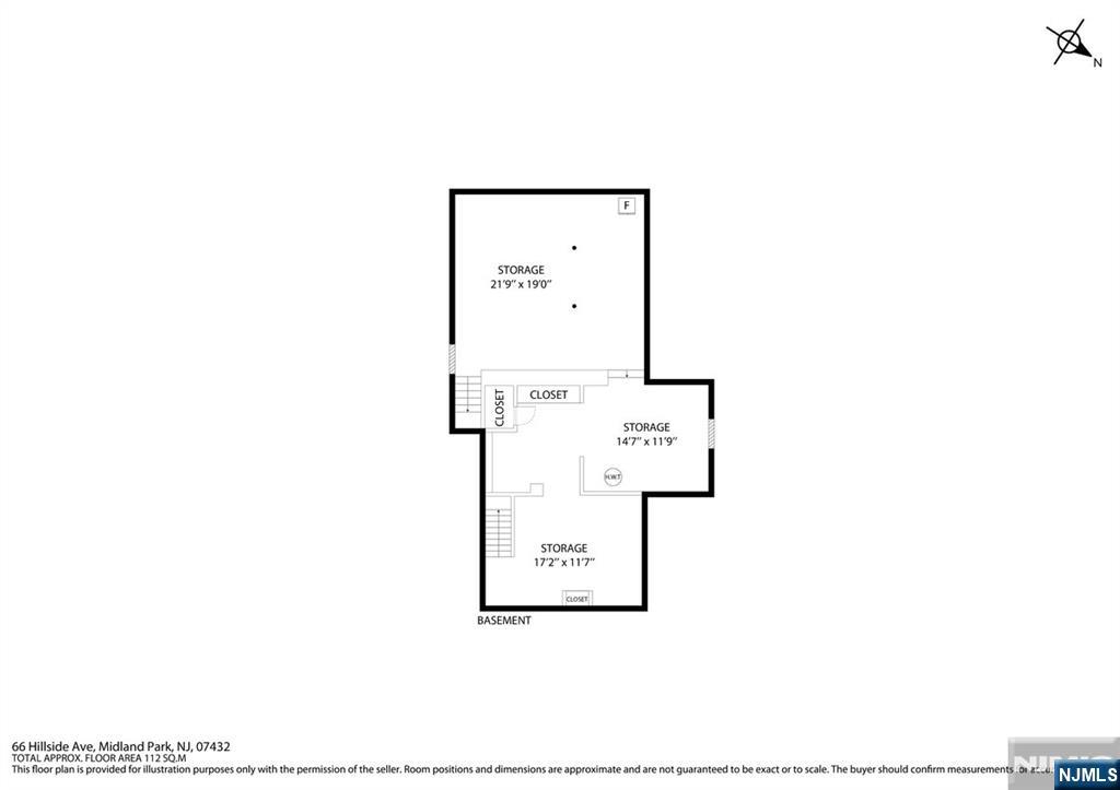 Basement floor plan with three storage areas, closets, stairs, and a water heater.