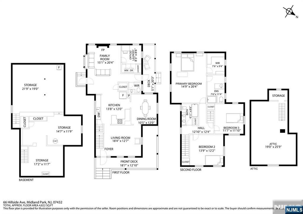 Floor plan of 66 Hillside Avenue showing basement, first floor, second floor, and attic.