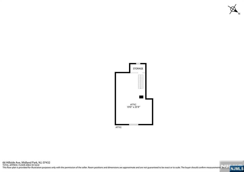 Attic floor plan with a separate storage area and dimensions of 19 feet by 25 feet 9 inches.