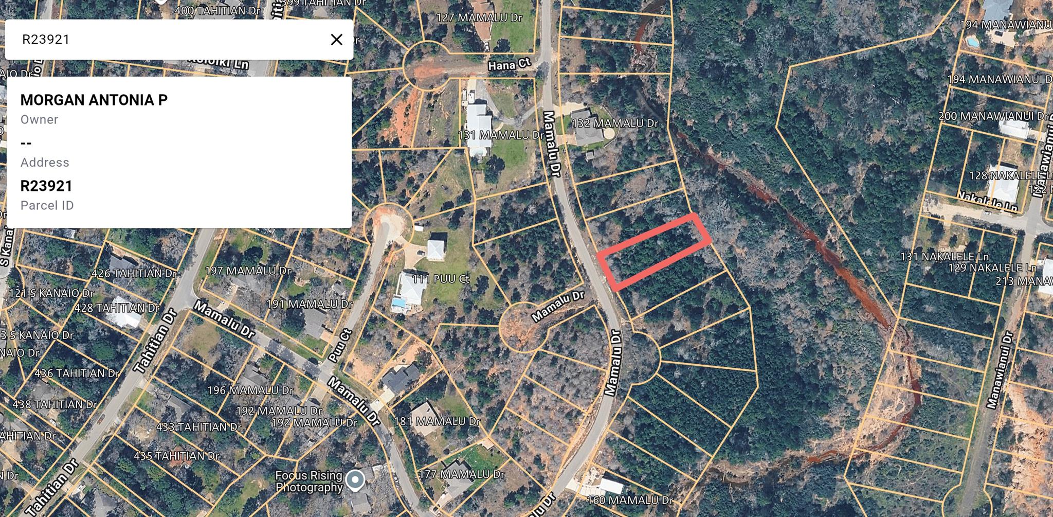Wooded vacant lot outlined in red beside Mamalu Drive on an aerial parcel map.