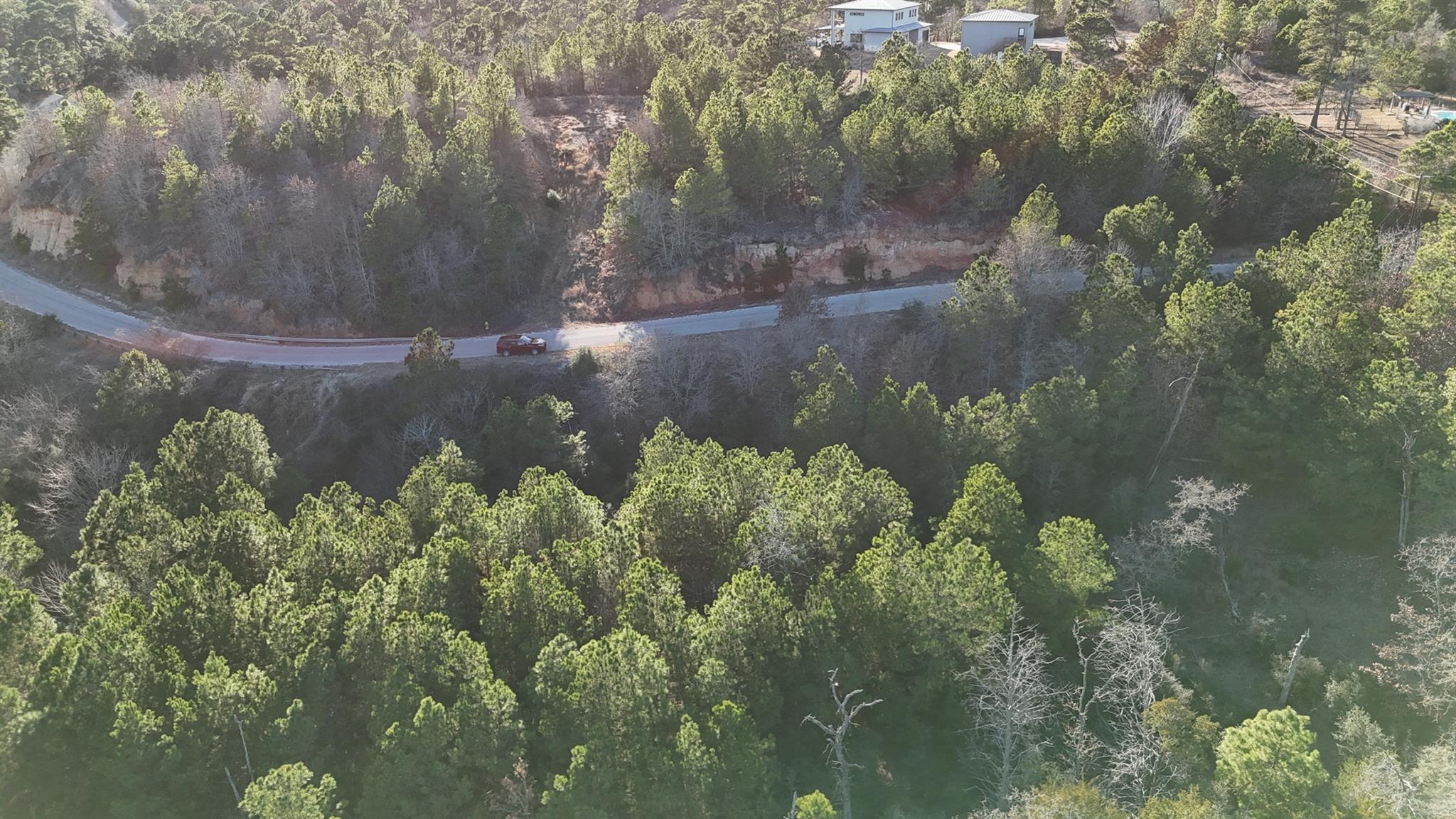 Aerial view of wooded land beside a curving road and rocky embankment.