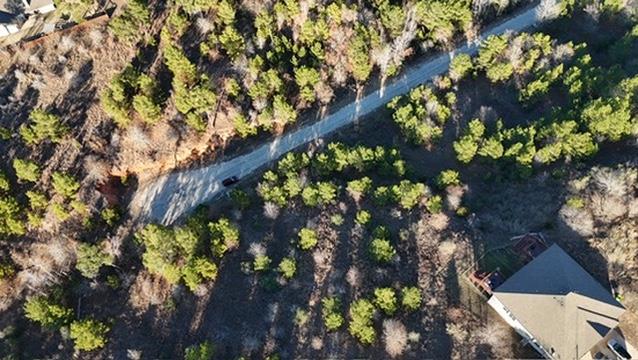 Aerial view of a wooded lot beside a curving road, with a neighboring house at lower right.