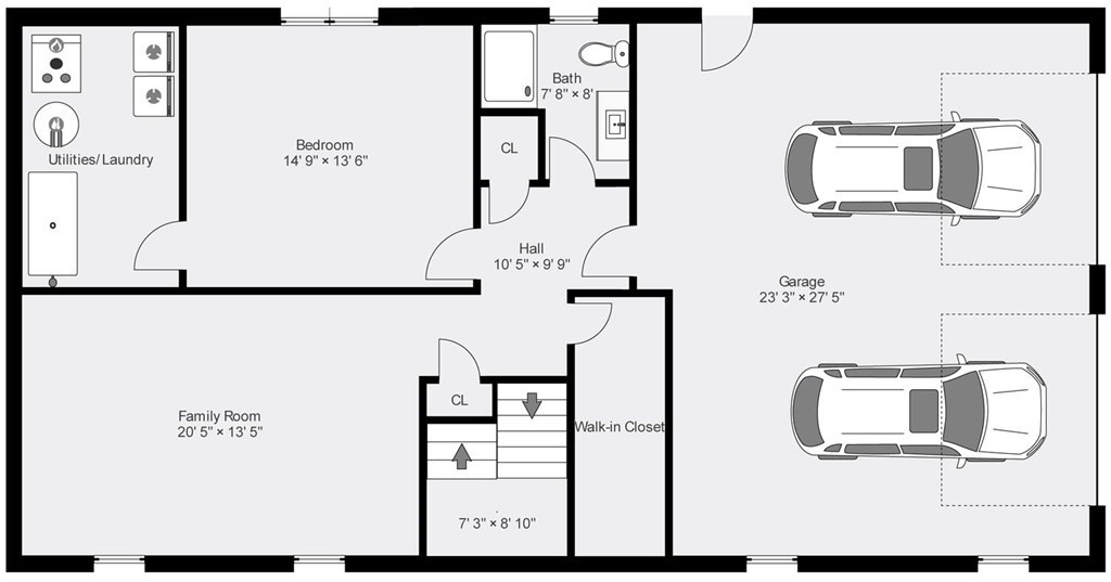 Floor plan showing a bedroom, bathroom, family room, laundry area, and two-car garage.