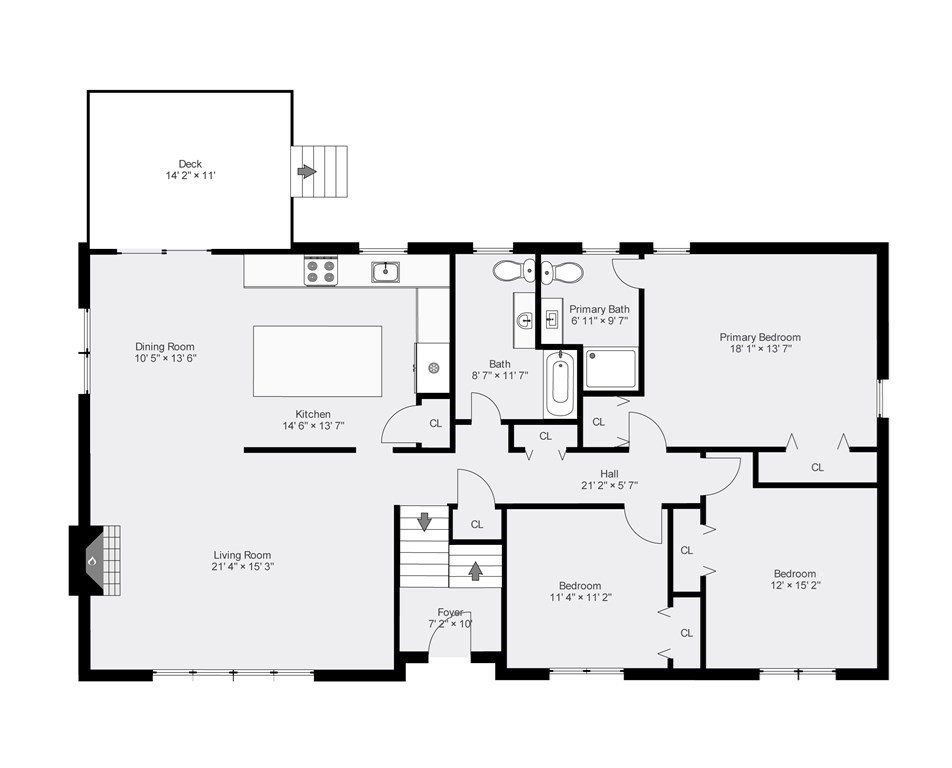 Floor plan showing three bedrooms, two bathrooms, living and dining rooms, kitchen, and deck.