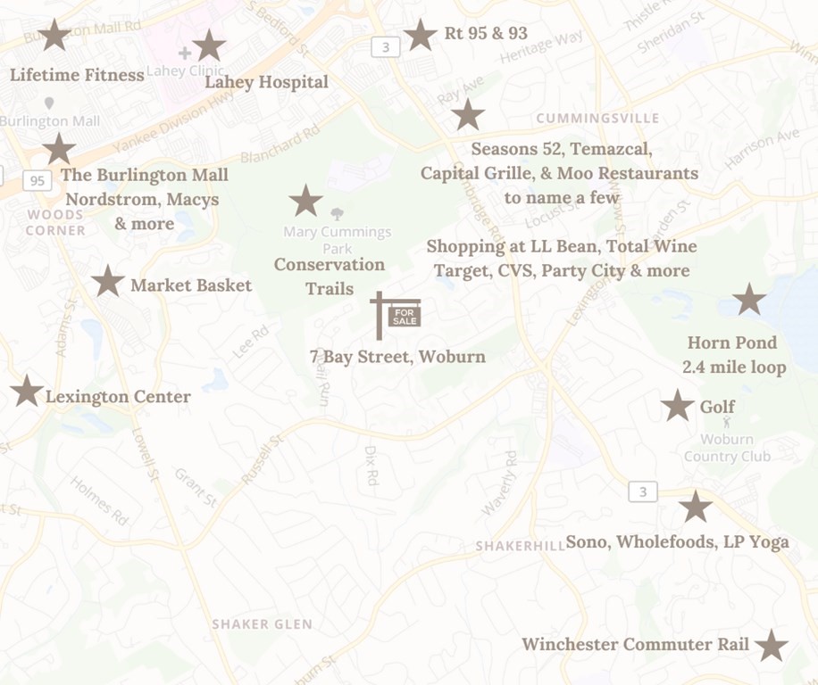 Map of 7 Bay Street, Woburn, with nearby amenities and landmarks marked.
