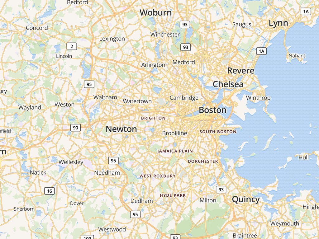 Map of Greater Boston showing Boston, Woburn, nearby cities, major roads, and the coastline.