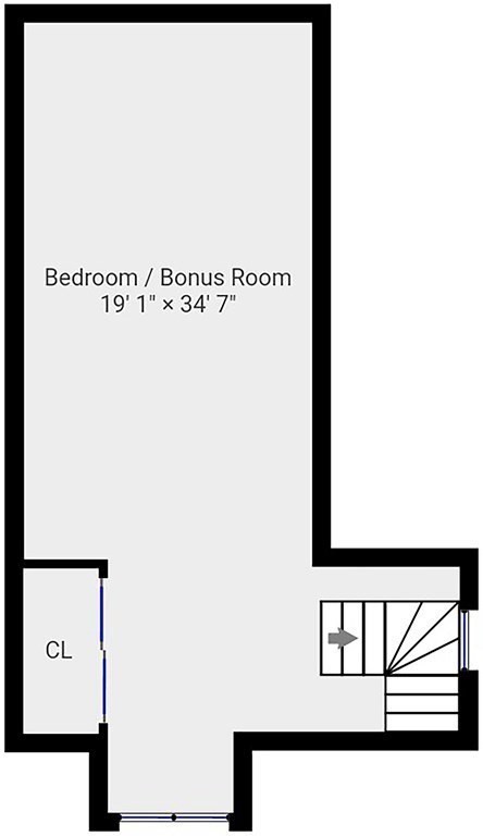 Floor plan of a bedroom or bonus room with a closet and stairs