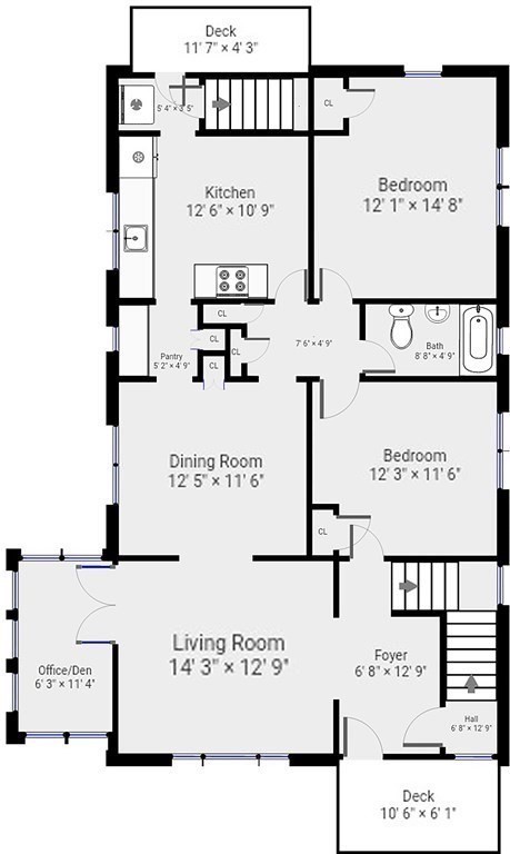 Floor plan of 42–44 Albion Street #2 with two bedrooms, an office/den, and two decks.