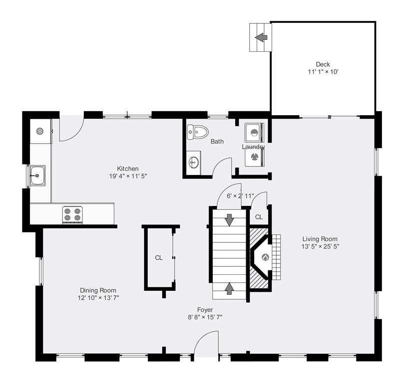 Floor plan showing the kitchen, dining and living rooms, foyer, bath, laundry, and deck.