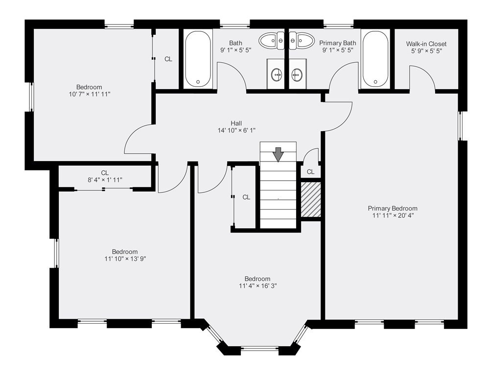 Four-bedroom floor plan with primary suite, two bathrooms, walk-in closet, and central stairs.