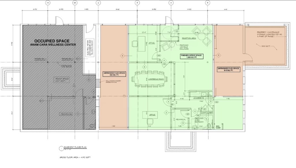 Basement floor plan showing a wellness center, finished office space, and unfinished flex areas.