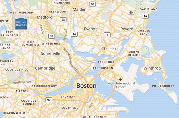 Map showing Boston and surrounding communities, including Medford, Somerville, Cambridge, and Winthrop.