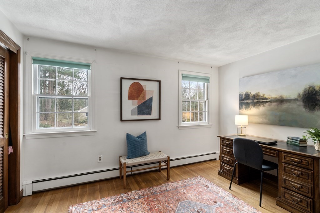 Home office with a dark wood desk, two windows, and a patterned rug.