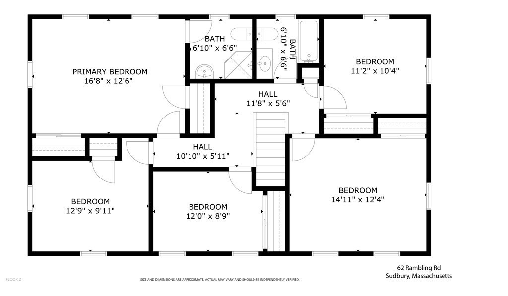 Second-floor plan of 62 Rambling Road, showing five bedrooms, two bathrooms, and a central staircase.