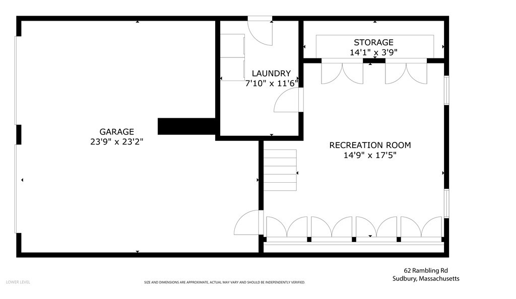 Lower-level floor plan showing a large garage, laundry room, storage area, and recreation room.