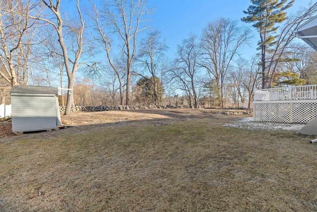 Backyard with a storage shed, stone wall, and raised deck beneath leafless trees.