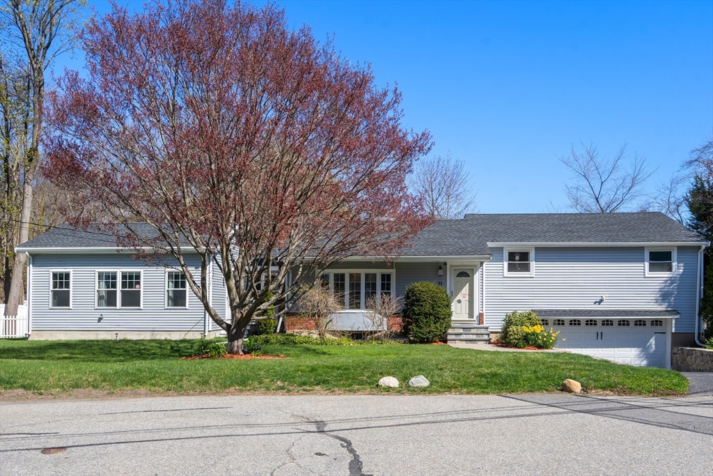 White single-story house with an attached garage, green lawn, and large flowering tree.