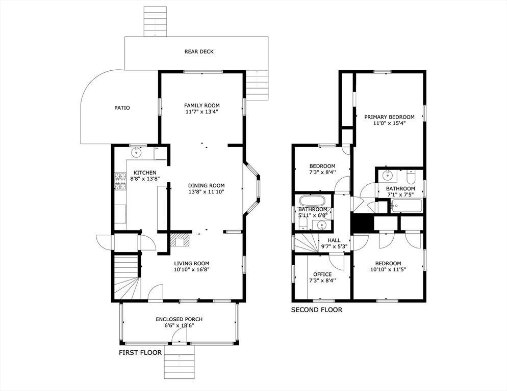 Two-floor house plan showing room layouts, dimensions, a first-floor patio and deck, and a second-floor office.