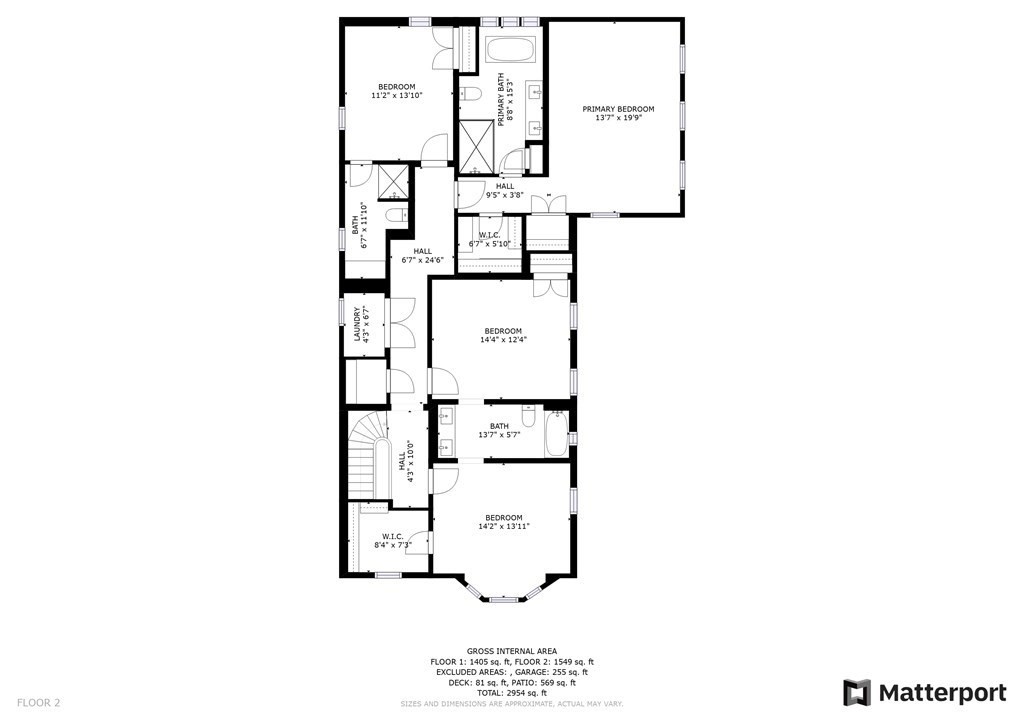 Second-floor plan showing four bedrooms, bathrooms, laundry, and walk-in closets.