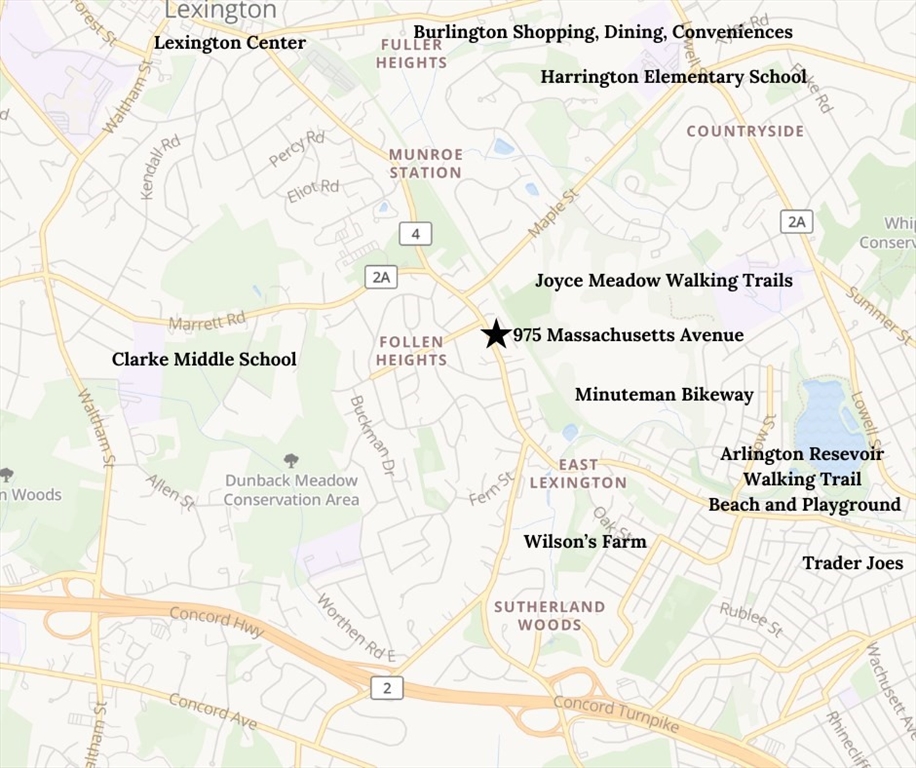 Map marking 975 Massachusetts Avenue in Lexington, near Joyce Meadow Walking Trails and the Minuteman Bikeway.