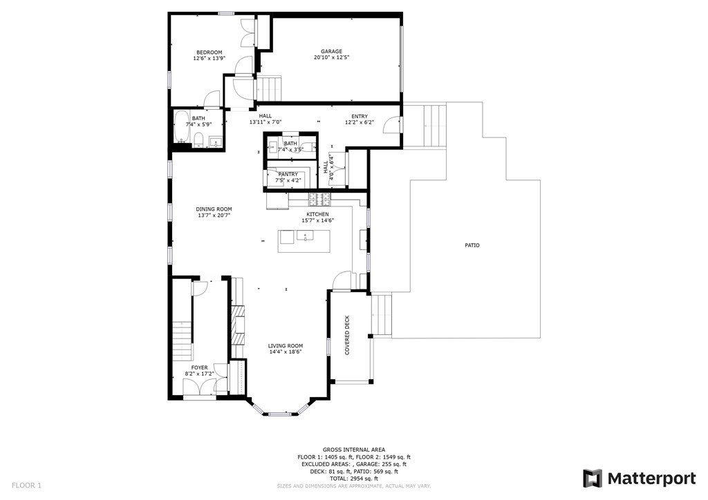 First-floor plan with labeled rooms, dimensions, garage, patio, and covered deck.