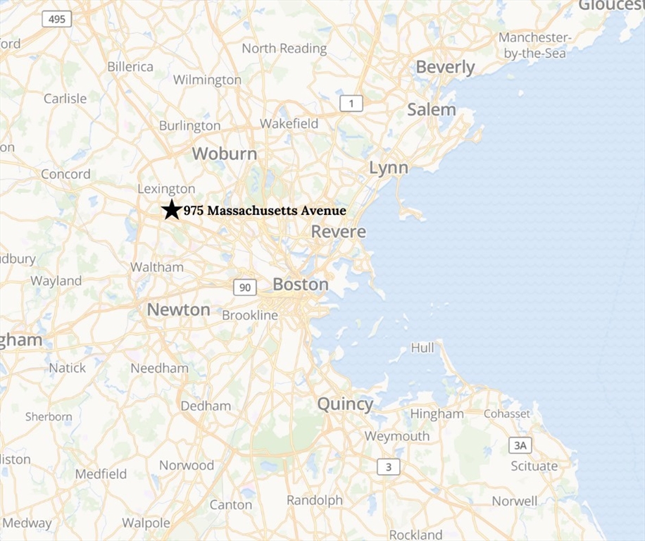 Map marking 975 Massachusetts Avenue near Lexington, northwest of Boston.