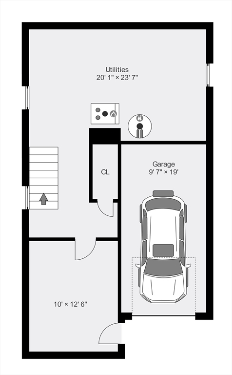 Lower-level floor plan showing a garage, utility area, closet, stairs, and adjoining room.