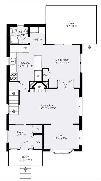 Floor plan showing the living room, den, kitchen, dining room, bath, and large deck.