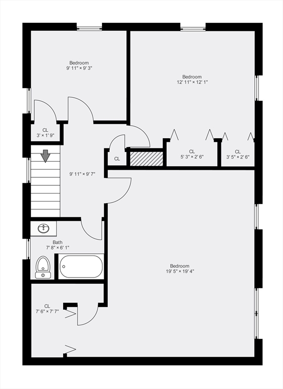 Second-floor plan with three bedrooms, closets, bathroom, and stairs.