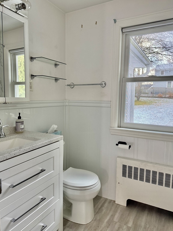 Bathroom with a white vanity and toilet beside a large window overlooking the yard.
