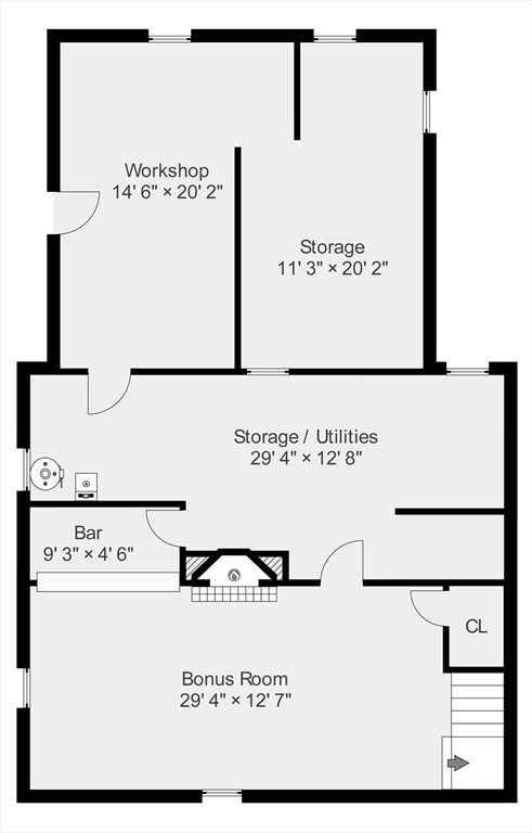 Floor plan with workshop, storage, utilities, bar, bonus room, closet, and stairs.