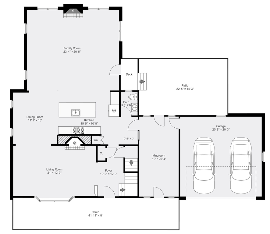 Ground-floor plan showing living areas, kitchen, bath, mudroom, two-car garage, porch, deck, and patio.