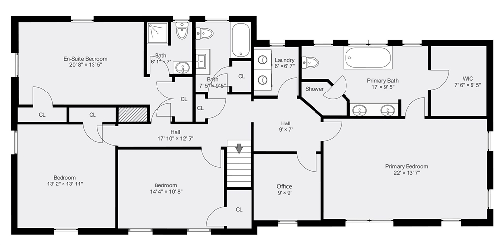 Floor plan of 37 Oldham Road #1, with four bedrooms, an office, and labeled room dimensions.