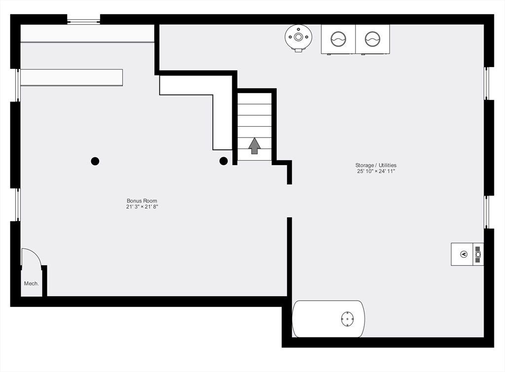 Basement floor plan showing a bonus room, storage and utilities area, mechanical room, and stairs.