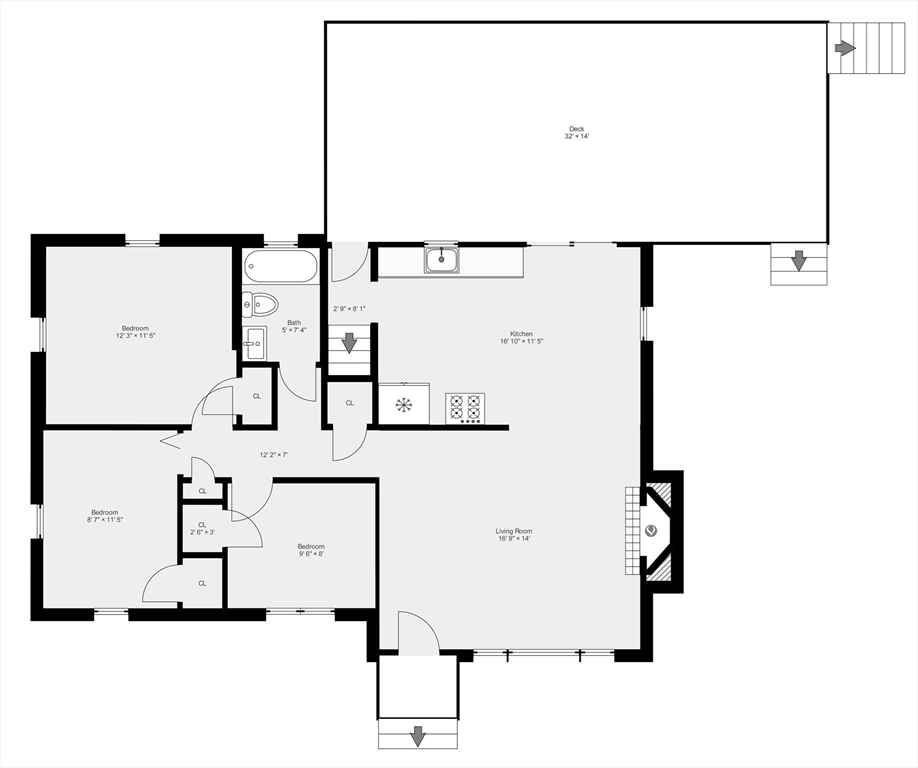 Floor plan of 6 Manomet Road with three bedrooms, one bathroom, a kitchen, living room, and large deck.