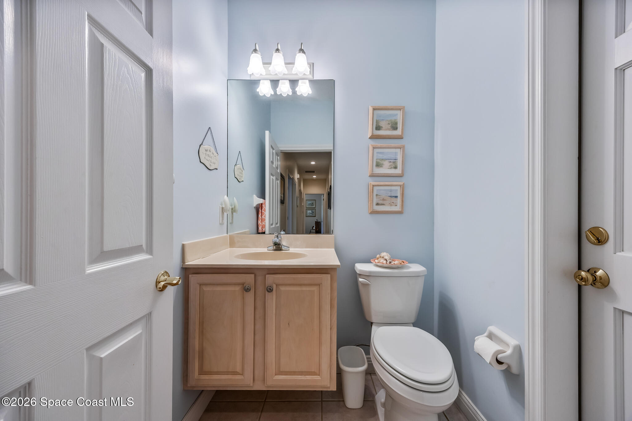 Bathroom with a wood vanity, large mirror, and white toilet against pale blue walls.