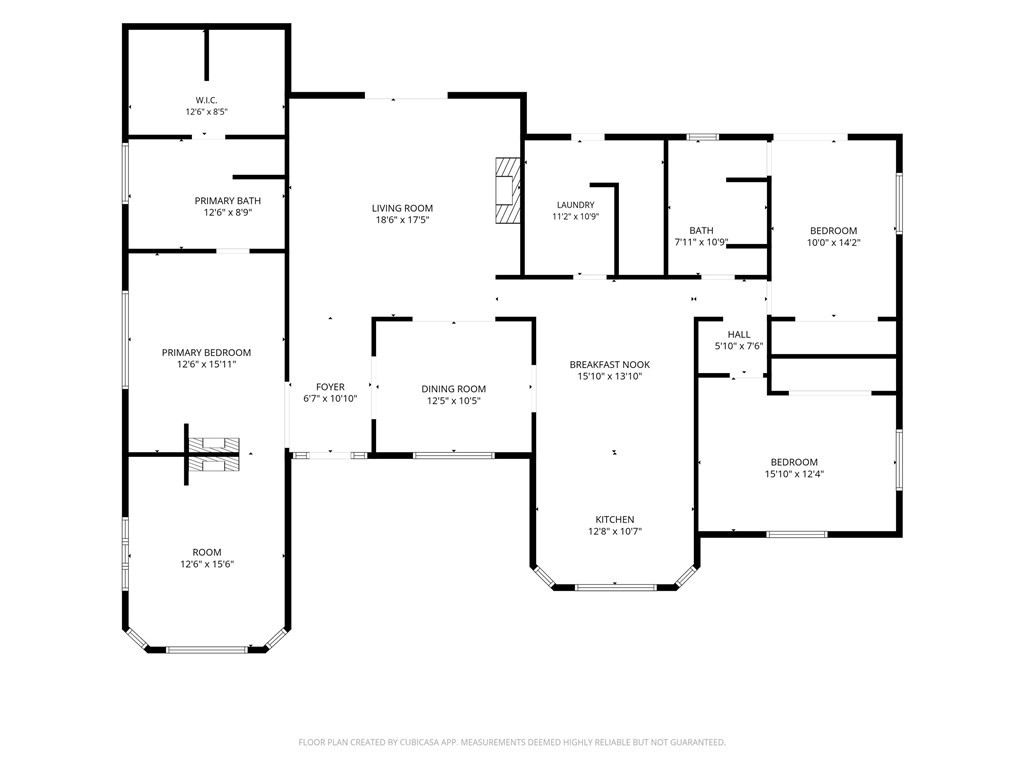 Floor plan showing the home’s room layout, including a primary suite, three bedrooms, kitchen, and breakfast nook.