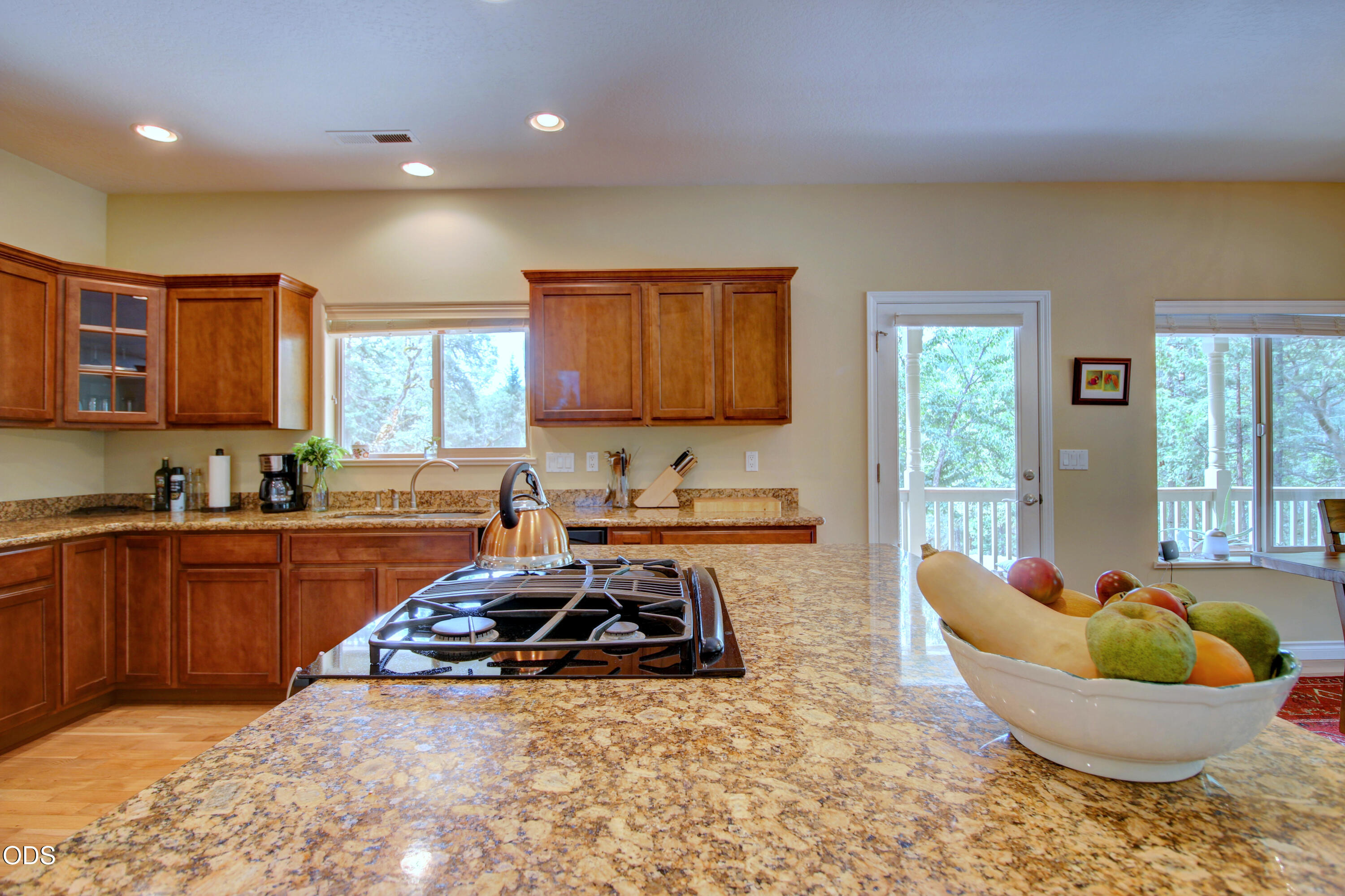 Kitchen with a granite island and gas cooktop, wood cabinets, and a glass door to a tree-lined deck.