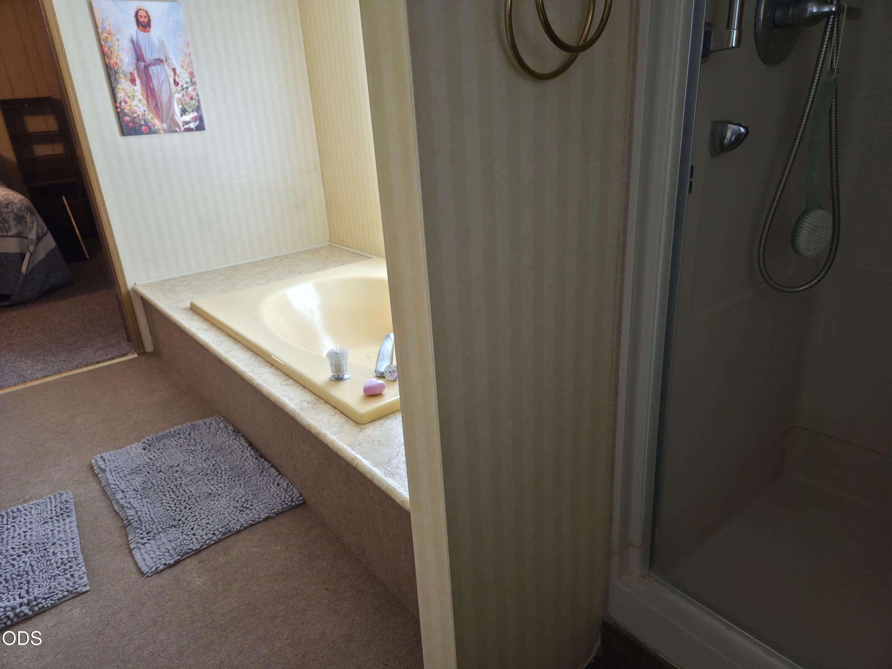 Bathroom with a built-in soaking tub, glass-enclosed shower, and carpeted floor.