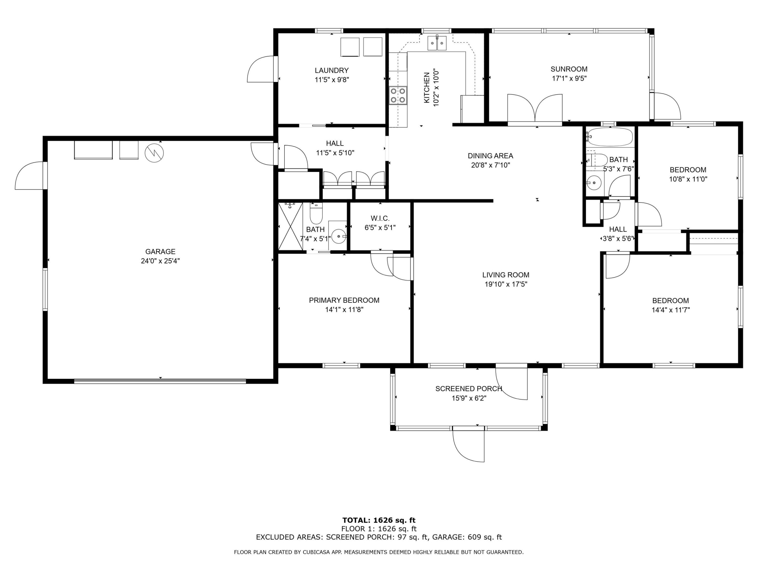 Floor plan showing three bedrooms, two bathrooms, a sunroom, screened porch, and attached garage.