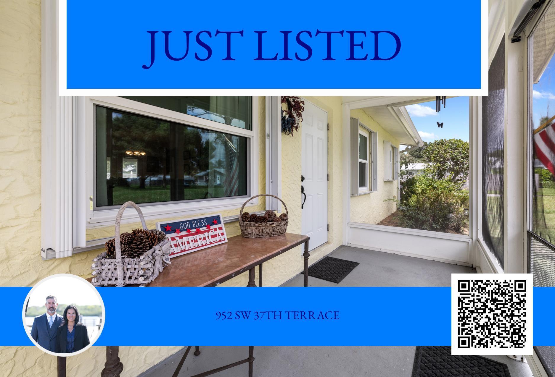Just listed: 952 SW 37th Terrace, with a screened porch photo and QR code.